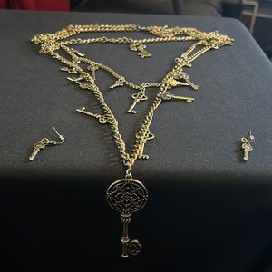 Gold key necklace, and earrings